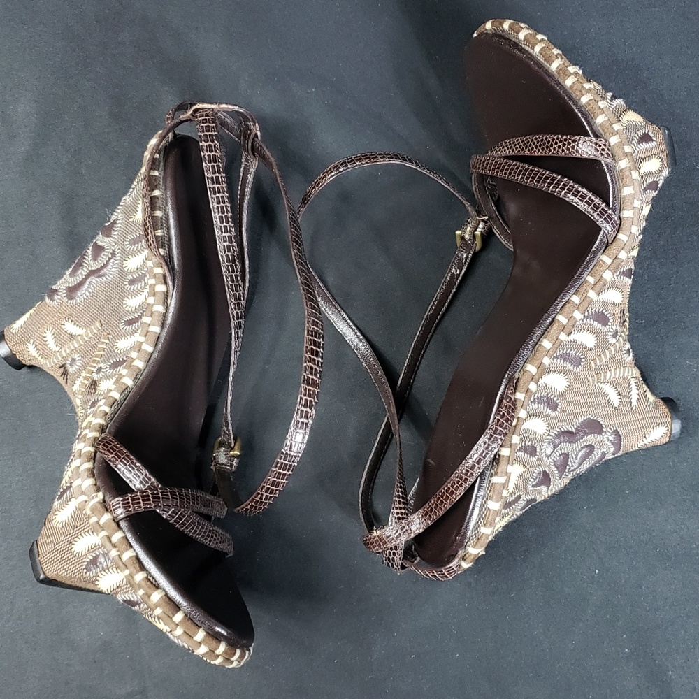 Gucci Brown Embroidered Wedge Sandals with Ankle Straps